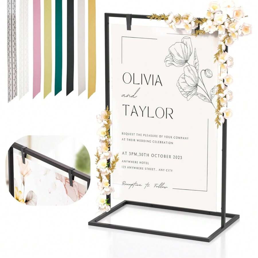 Wedding Welcome Sign Stand, 50"X30"X 20" Heavy Duty Easel Stand For Sign With 8 Pair Satin Ribbon, Welcome To Our Wedding Sign Holder, Metal Floor Standing Easels For Signs, Poster (Black) - Black - View 1