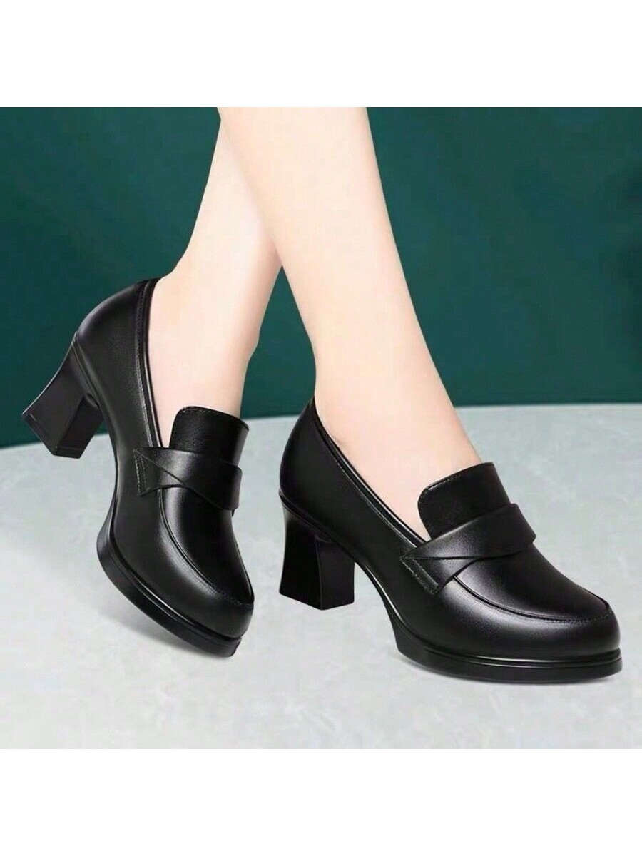 أحذية نسائية ذات كعب عالي برأس مستدير، كعب سميك مق...