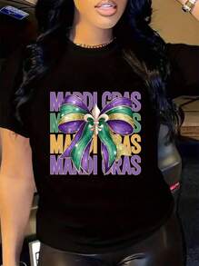 Mardi Gras Coquette Bow Shirt, Women Mardi Gras Costume , Women's Cotton Soft Breathable Comfort-Fit Crew Neck Tee ,Mardi Gras Party Tee - 黑色 - 查看 1