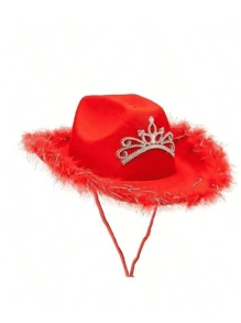 1 件宽边软呢帽，带羽毛装饰，纯色西部牛仔帽，女孩派对帽