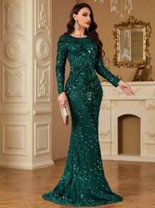 hezixi High-Quality Stretchy Sequin Maxi Dress, Comfortable Fit For All Figures, Sheer Round Neck Long Sleeve Bodycon Mermaid Hem Design, Solid Color Elegant Luxury Women's Evening Gown, Suitable For Parties, Weddings, Formal Events, Galas - Dark Green - View 4