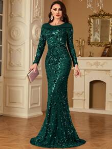 hezixi High-Quality Stretchy Sequin Maxi Dress, Comfortable Fit For All Figures, Sheer Round Neck Long Sleeve Bodycon Mermaid Hem Design, Solid Color Elegant Luxury Women's Evening Gown, Suitable For Parties, Weddings, Formal Events, Galas - Dark Green - View 5