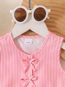 2pcs/Set Young Girl Sweet Cute Striped Sleeveless Top With Bow Ruffle Skirt And Ruffle Hem Shorts Set, Summer - Pink - View 4