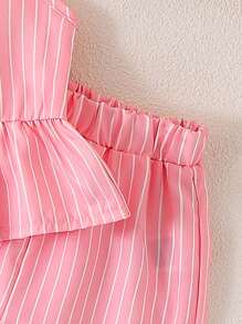 2pcs/Set Young Girl Sweet Cute Striped Sleeveless Top With Bow Ruffle Skirt And Ruffle Hem Shorts Set, Summer - Pink - View 6