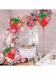 6pcs Cute Smiling Face Strawberry Balloons, Wedding Graduation Ceremony Backdrop Decor, Birthday Fruit Theme Party Decorations