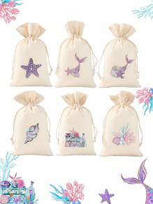6 piezas Bolsas de regalo con estilo de sirena, estrella de mar y caracol, bolsas de lino con cordón para empaquetar regalos de fiesta de cumpleaños de sirena, suministros de decoración para fiestas de cumpleaños y reuniones familiares con temática de sirena y fondo marino, decoraciones de fiesta de cumpleaños de sirena, regalos y recuerdos para fiestas de cumpleaños con tema de sirena y fondo marino - Multicolor - Ver 6