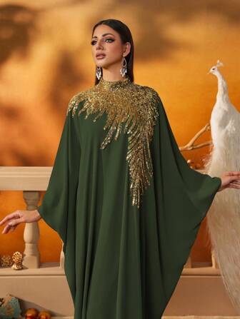 AmazingHoney Elegant Green Loose-Fit Kaftan Dress With Gold Sequin Embellishments, Party Modest Abaya, Formal Muslim Dress, Evening Gown,Abaya Dress (Loose Fit– Please Check Size Chart)