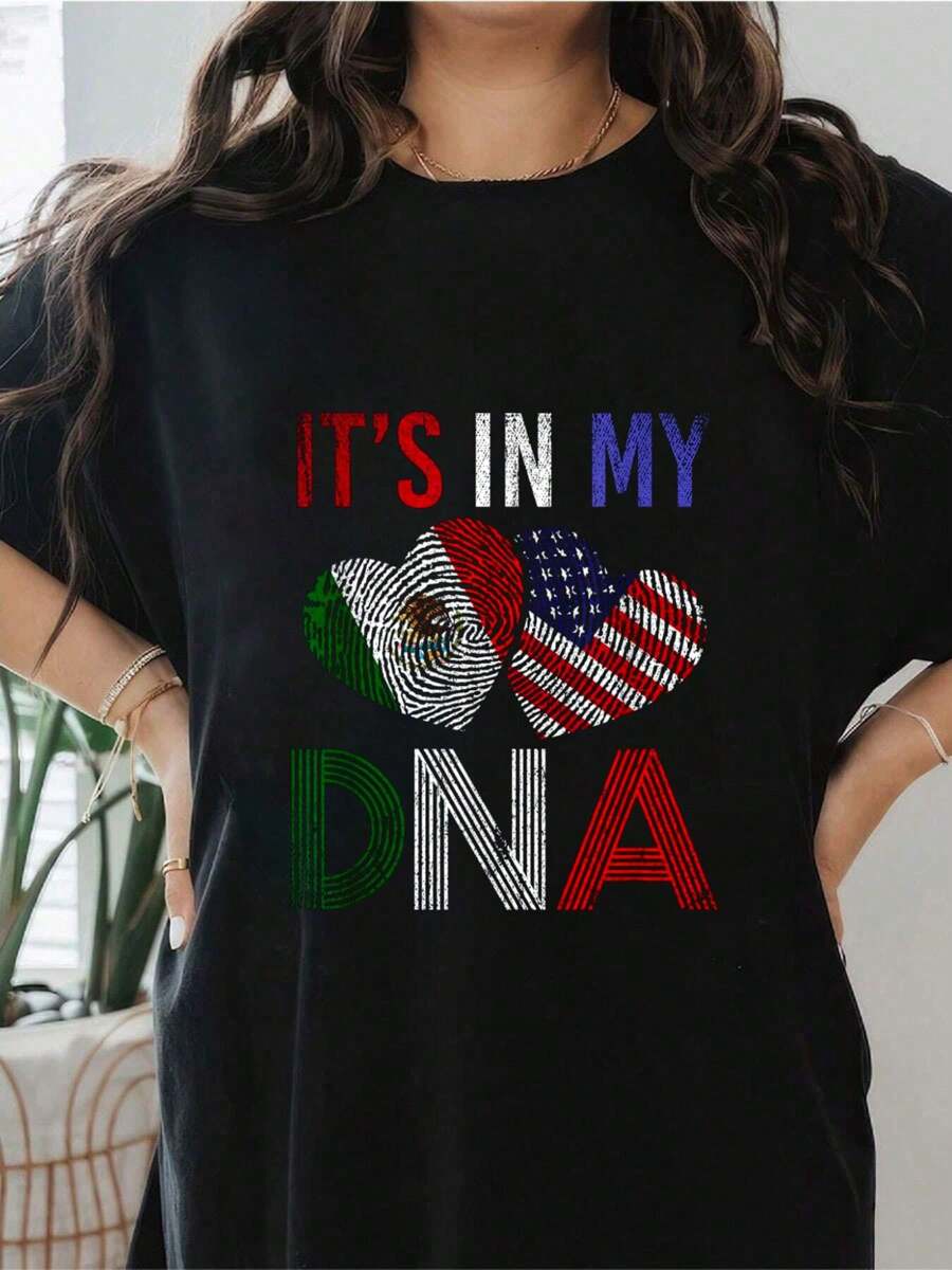 Proud Mexican American Its In My DNA Mexico T-Shirt  Print T-Shirt, Short Sleeve Round Neck Casual Top For Summer & Spring, Women's Clothing - màu đen - Xem 1