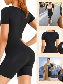 1件，2025夏季健身运动衫连体塑身衣女士涂层运动衫塑身衣跑步健身紧身胸衣欧美运动连体塑身衣运动衫腰部训练器