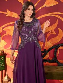 女士优雅水钻阿拉伯风格圆领长裙、派对礼服、婚礼宾客礼服、正式礼服、晚礼服