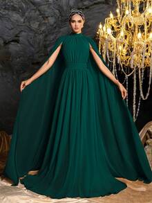 Faeriesty Vestido formal/vestido largo/vestido de longitud media de unicolor vintage con cuello alto y mangas tipo capa de gasa - Verde Oscuro - Ver 7