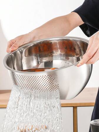 不锈钢加厚斜底洗米碗，蔬菜清洗沥水滤网篮，厨房滤锅学校用品，圣诞礼物