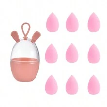 Set de 9 esponjas de maquillaje mini y 1 caja de almacenamiento con tapa - para base de líquido, polvo y crema, dispensador visual de herramientas de maquillaje lindas