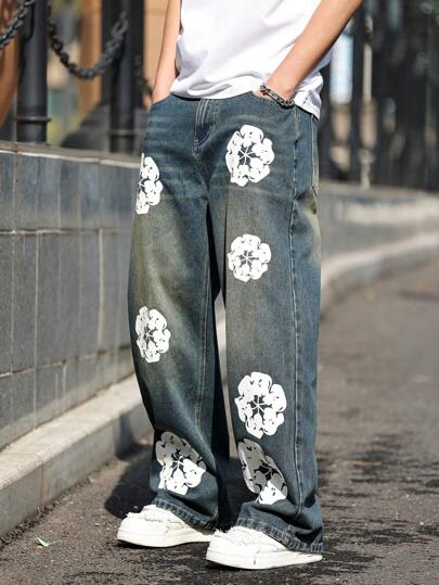 Calça Denim Azul Emo Estilo Y2K Retro de Perna Larga, Ajuste Solto com Bolsos de Estampa Floral, Masculina