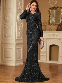 hezixi High-Quality Stretchy Sequin Maxi Dress, Comfortable Fit For All Figures, Sheer Round Neck Long Sleeve Bodycon Mermaid Hem Design, Solid Color Elegant Luxury Women's Evening Gown, Suitable For Parties, Weddings, Formal Events, Galas - 黑色 - 查看 5