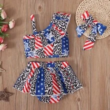 Young Girl Summer Swimming Suits, Girls Ruffled Trim Split Swimwear - Black and White - View 2