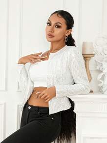 Women Sequin Jacket Solid Color Long Sleeve Open Front Crop Cardigan For Club Party - White - View 5