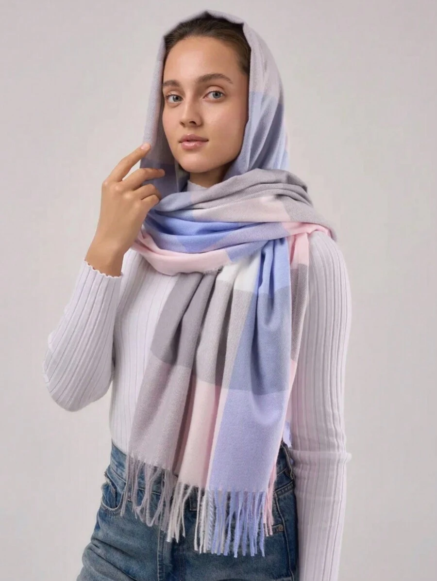 Scarf Cashmere Scarf Autumn And Winter Women's Shawl Solid Color Dual-Use Tassel Scarf Thickened All-Match Keep Warm With Fringe 230G - Màu hồng + màu xanh - Xem 1