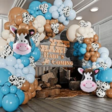102/134pcs Western Style Cowboy Style Balloon Wreath Arch Game, Featuring Latex Balloons Printed With Cows, Nude In Shades Of Green Grey And Brown, And Aluminum Foil Decorations. This Game Is Designed For Farm And Animal Themed Birthday Parties And Party Decor Items
