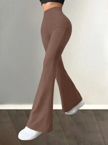 Women's Solid Color Daily Casual Striped Drape Leg-Enhancing Flared Pants - Brown - View 1