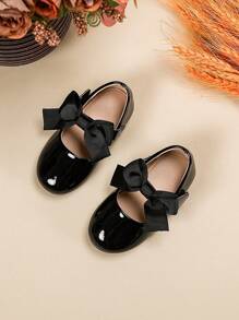 Girls Black Patent Cute Flat Shoes With Bow Decor - Black - View 4