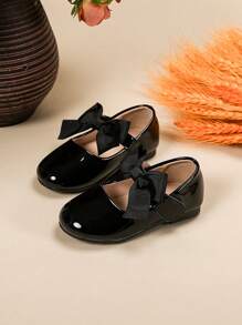 Girls Black Patent Cute Flat Shoes With Bow Decor - Black - View 3