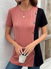 Camiseta de manga corta con botones de parche y costillas de mujer de moda, verano - Rojo - Ver 4