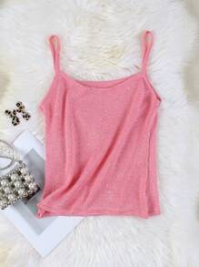 2025夏季性感针织度假女式吊带背心，亮粉色细肩带背心