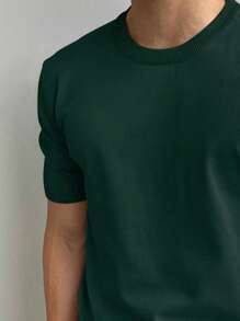 Men's Casual Solid Color Short Sleeve Pullover Knit Top, Spring/Summer, Old Money Style - Dark Green - View 4