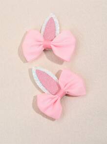 2个复活节派对女孩兔子蝴蝶结发夹，罗纹丝带蝴蝶结兔耳朵可爱儿童发饰，适合派对佩戴 - 彩色 - 查看 7