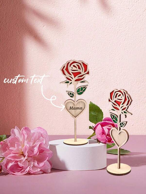 1 pezzo Decorazione da tavolo in legno con rosa e testo personalizzato, arredamento d'amore, regalo per la festa della mamma, San Valentino, decorazione della casa, ornamento di lusso