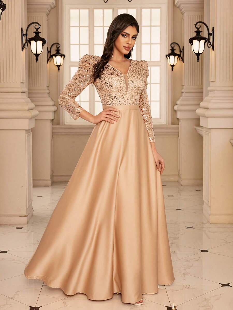 Elegant V-Neck Three-Quarter Sleeves Glitter Sequin Bodice Contrast Satin Hem Dress, Elegant Ball Gown For Wedding Guests, Graduations, Dinner Parties, Party Dress, Formal Dress, Evening Dress - Champagne - View 1