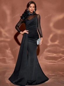 Vestido midi elegante para invitados de boda con malla floral 3D, cuello alto, silueta entallada, bajo de cola de pez, manga larga, para cóctel, vestido formal, vestido de noche, vestido de gala