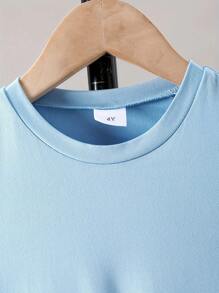 2pcs Young Boy Solid Color Patchwork Letter Print Breathable Moisture Wicking Soft Comfortable Outdoor Running Exercise Short Sleeve Sports Outfit, Spring/Summer - Baby Blue - View 2