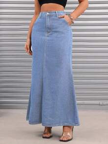 Casual Mid-Length Denim Skirt For Women - Dark Wash - View 3