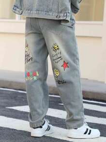Jeans imprimés stylés pour garçons adolescents et adolescents, pantalons décontracté à la cheville pour garçons, pantalons longs en jean mode