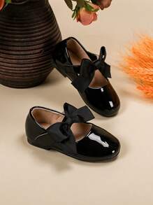 Girls Black Patent Cute Flat Shoes With Bow Decor - Black - View 1