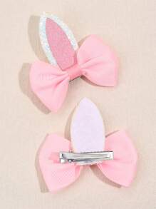 2个复活节派对女孩兔子蝴蝶结发夹，罗纹丝带蝴蝶结兔耳朵可爱儿童发饰，适合派对佩戴 - 彩色 - 查看 5