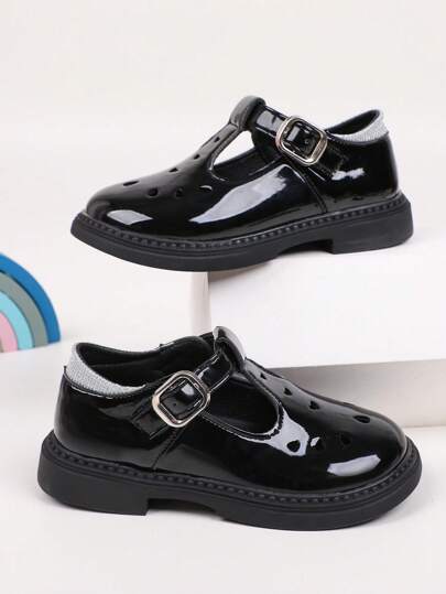 Honey Girl Mary Jane Girls' School Style Cute Solid Color Flat Pu Mary Jane Shoes, PU Upper & Lining, Suitable For Performance, Big Girls, Princess, Spring & Autumn, Elementary Students