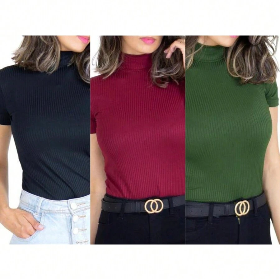 Kit Of 3 Basic Women's Blouses, High Neck, Short Sleeve, Ribbed Knit - 黑軍酒 - 查看 1