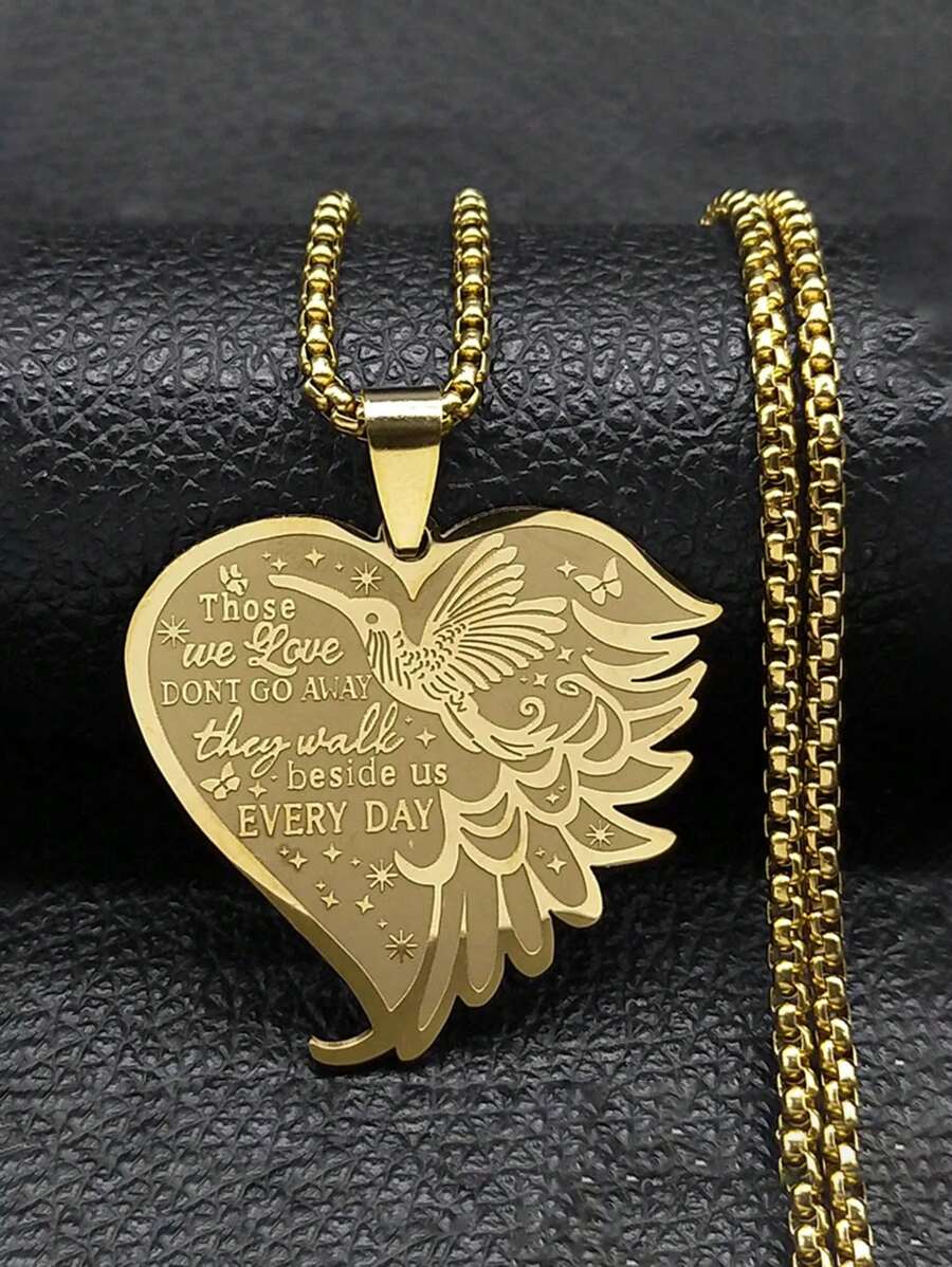 Our Loved Ones Never Depart, Hummingbird Wing Heart Pendant Necklace, Unisex Stainless Steel Animal Star Chain - Necklace - View 1