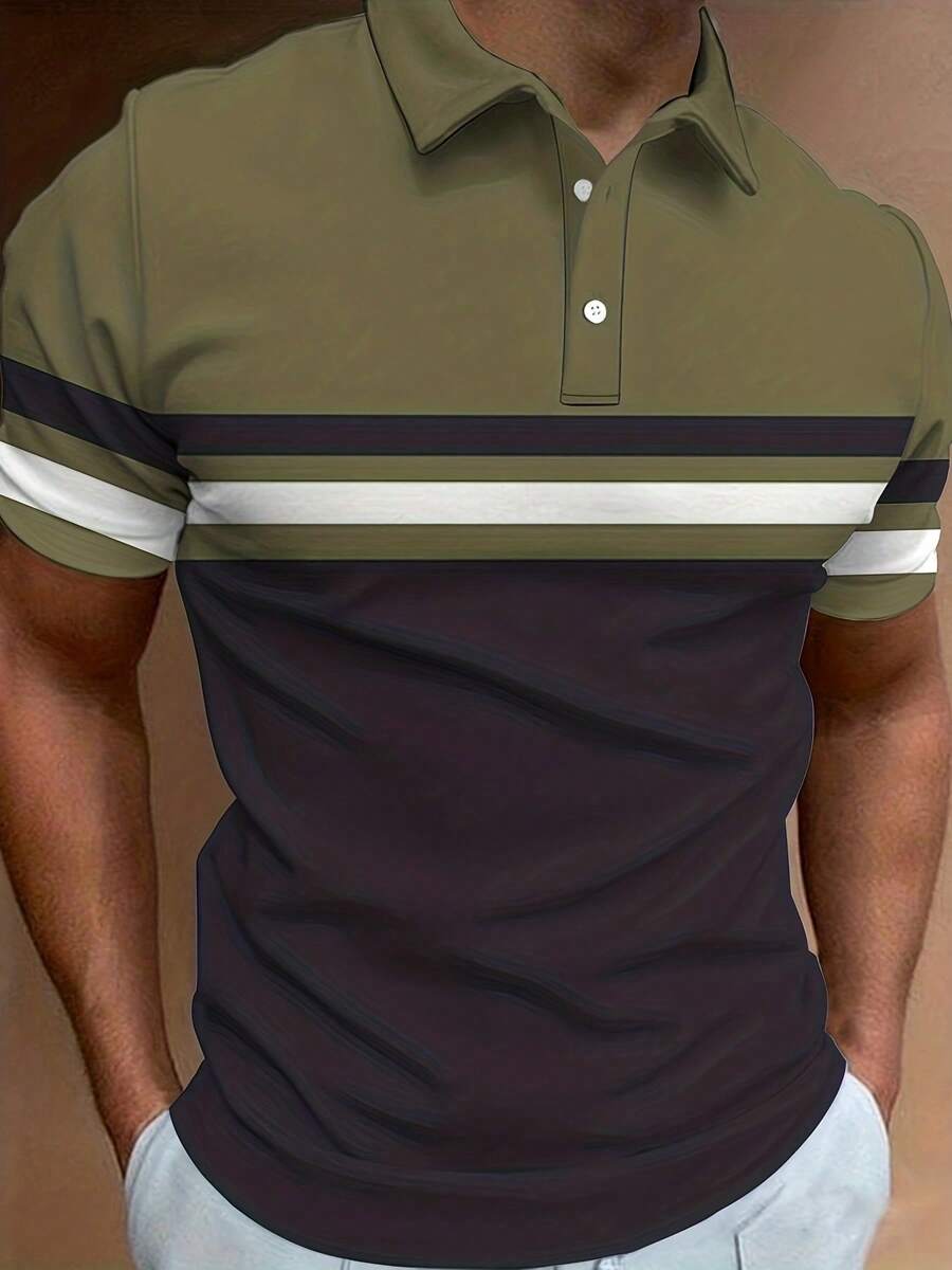 1 件男士拼色短袖高尔夫 Polo 衫，休闲风格，略有弹性，常规款式夏季服装，高尔夫衬衫 - 彩色 - 查看 1