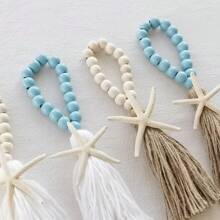 手工制作的波西米亚风格木珠流苏吊坠配海星装饰 - 白色和天蓝色珠子 - 门把手装饰 - 家居装饰 - 汽车内饰挂饰 - 包袋配饰 - 节日庆典装饰 - 独特的礼物 - 彩色 - 查看 4