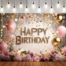 Pancarta de poliéster con tema de cumpleaños - Decoración de fiesta vibrante con diseño de "Cumpleaños de la Reina" en dorado, globos, champán y regalos, sin necesidad de alimentación eléctrica, de uso múltiple, ideal para celebraciones inolvidables, decoración de fiesta de cumpleaños