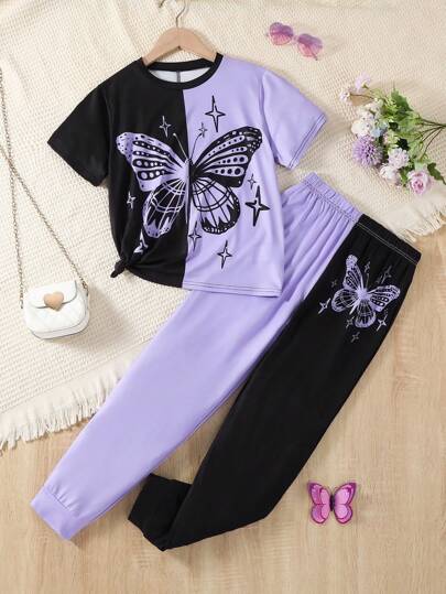 2 件套青少年女孩街头时尚套装，紫色蝴蝶拼布短袖上衣和裤子夏季服装