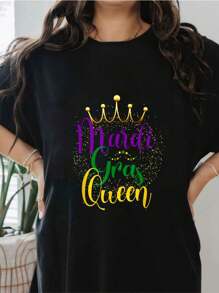 Mardi Gras Queen Parade Costume Party Women Gift Mardi Gras T-Shirt  Print T-Shirt, Short Sleeve Round Neck Casual Top For Summer & Spring, Women's Clothing