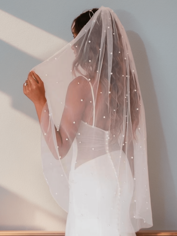 1pc malha fina e véu de noiva de pérola, adequado para cerimônia de igreja, vestido de noiva para noiva