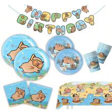 طقم أدوات المائدة لحفلة عيد ميلاد الكابيبارا، طقم إمدادات الحفلة من الورق، الأطباق، المناديل، الأكواب، وبياضات المائدة يكفي ل- 10 ضيوف، ديكورات حفلة عيد الميلاد بموضوع الرسوم المتحركة الكابيبارا