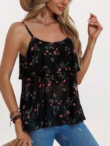 New Vintage Style Elegant Women Summer Cami Top, Casual Vacation Semi-Sheer Floral Print Camisole, Home Office Ruffle Strap Tank Top