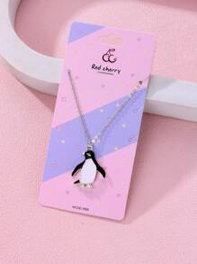 1 pieza Collar con colgante de aleación de zinc con esmaltado blanco y negro de pingüino para niñas, joyería linda de uso diario con cadena de plata
